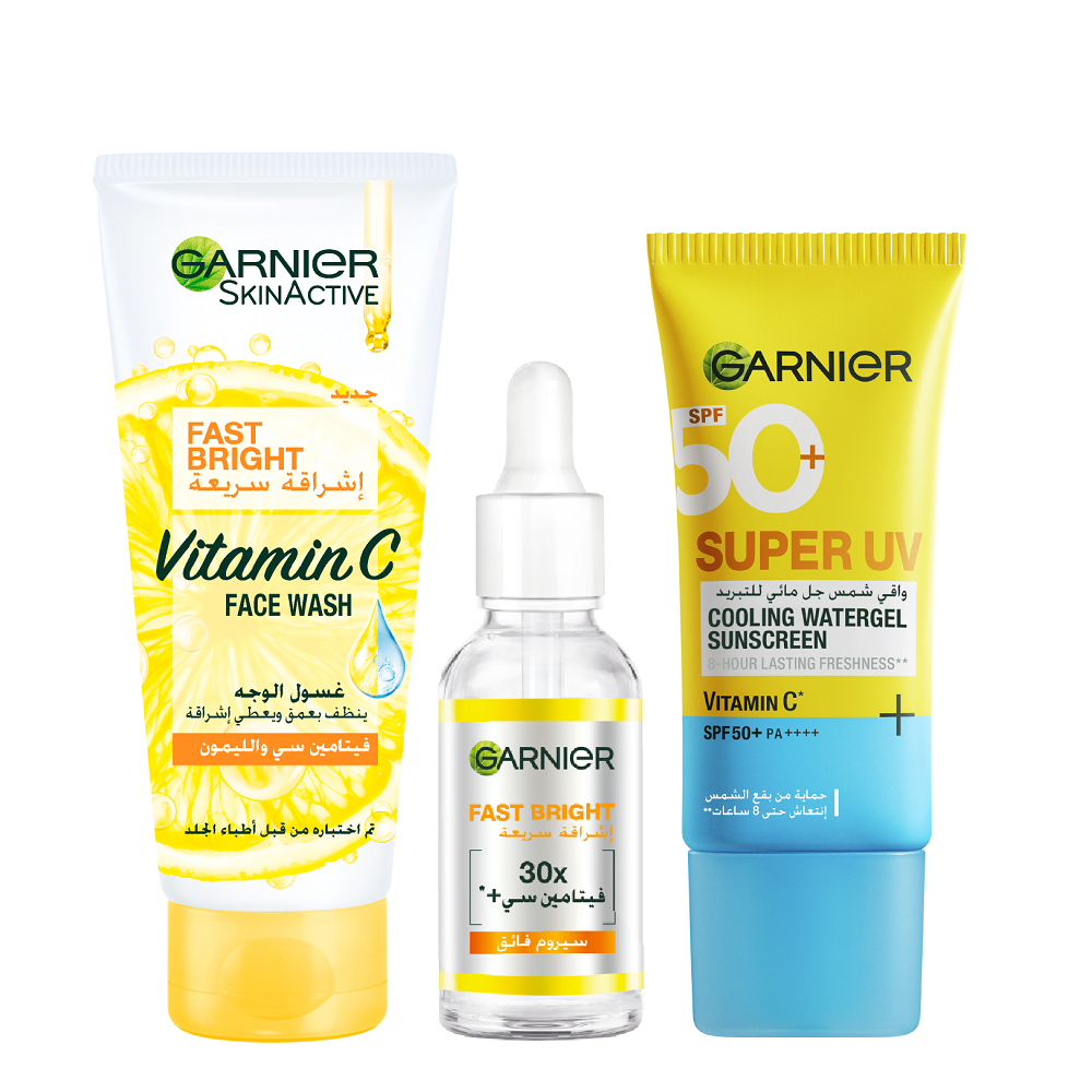 Garnier - Fast Bright 30x Vitamin C Booster Serum, Face Wash & Super UV Cooling Watergel Sunscreen SPF50+ Bundle