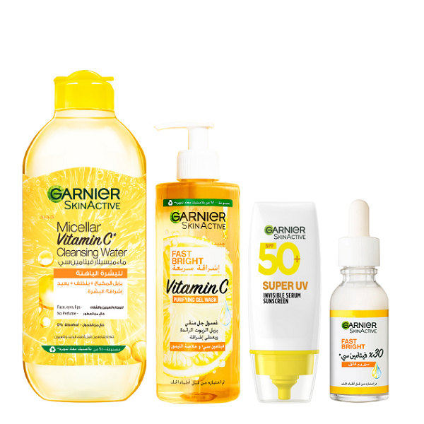 Garnier - Micellar Water Vitamin C, Gel Wash, Super UV SPF50+ Serum Invisible & Fast Bright Vit C Serum Bundle