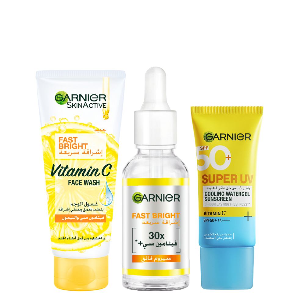 Garnier - Fast Bright Vitamin C Booster Serum, Face Wash & Super UV Cooling Watergel SPF50+ Bundle