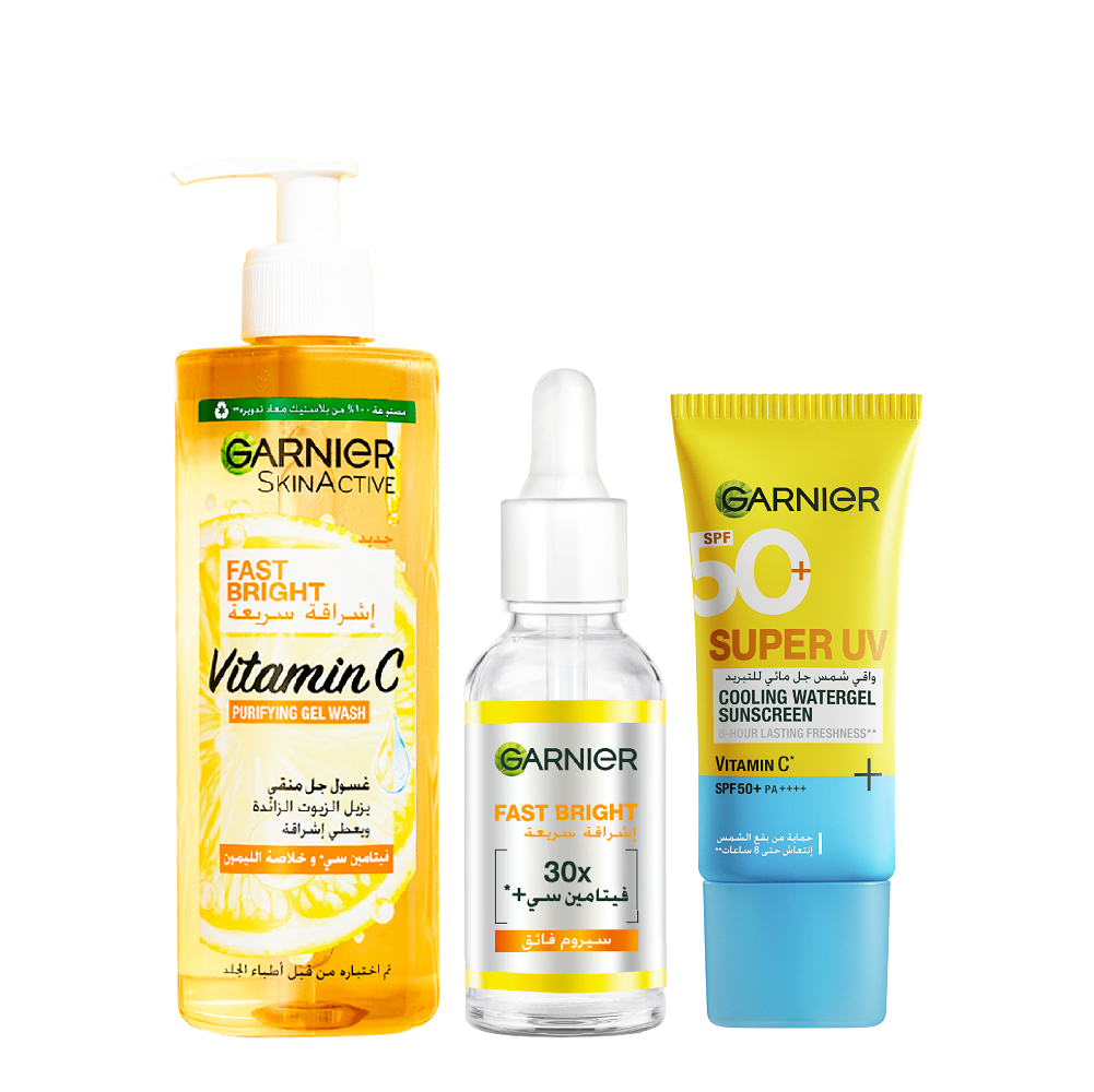 Garnier - Fast Bright Vitamin C Booster Serum, Purifying Gel Wash & Super UV Cooling Watergel SPF50+ Bundle