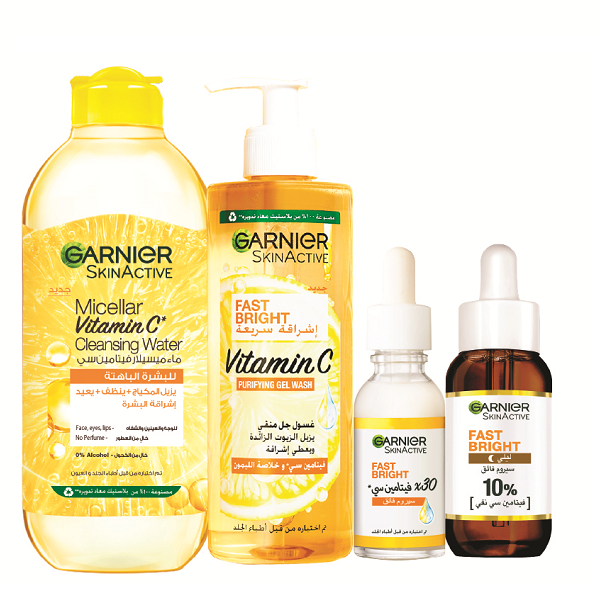 Garnier - Fast Bright Vitamin C Day Serum, Night Serum, Purifying Gel Wash & Micellar Vitamin C Cleansing Water Bundle