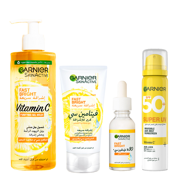 Garnier - Fast Bright Vitamin C Gel Wash, Vitamin C Cream, Vitamin C Serum & Super UV Mist Bundle