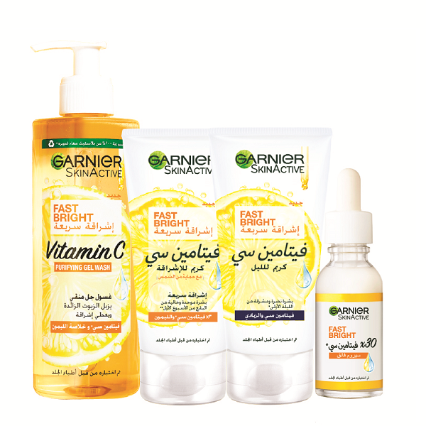 Garnier - Fast Bright Vitamin C Serum, Day Cream, Night Cream & Purifying Gel Wash Bundle