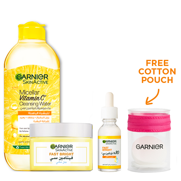 Garnier - Fast Bright Vitamin C Water Gel, Cleansing Micellar Water & Vitamin C Booster Serum Bundle