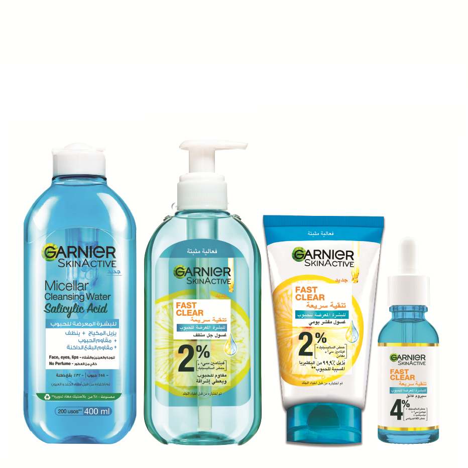 Garnier - Fast Clear Gel Wash, Serum, Exfoliating Wash & Salicylic Acid Micellar Water Bundle