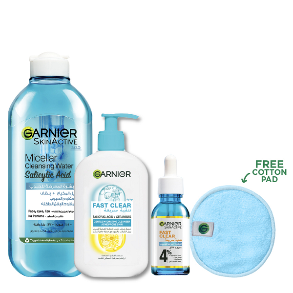 Garnier - Micellar Cleansing Water Salicylic Acid, Fast Clear Gentle Cleanser & Fast Clear Serum Bundle