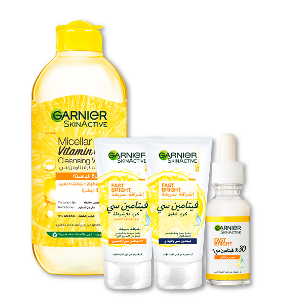Garnier - Micellar Vitamin C Cleansing Water, Fast Bright Day Cream, Night Cream & Vitamin C Booster Serum Bundle