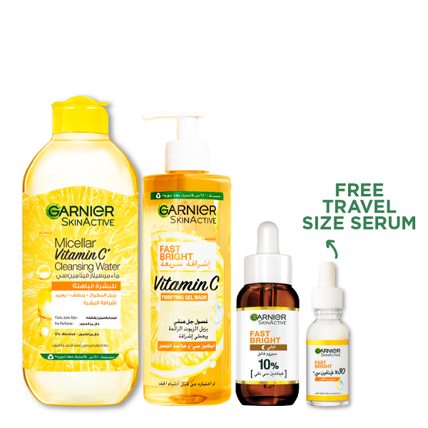 Garnier - Micellar Vitamin C Cleansing Water, Fast Bright Purifying Gel Wash, Night Serum & Mini Vitamin C Serum Bundle