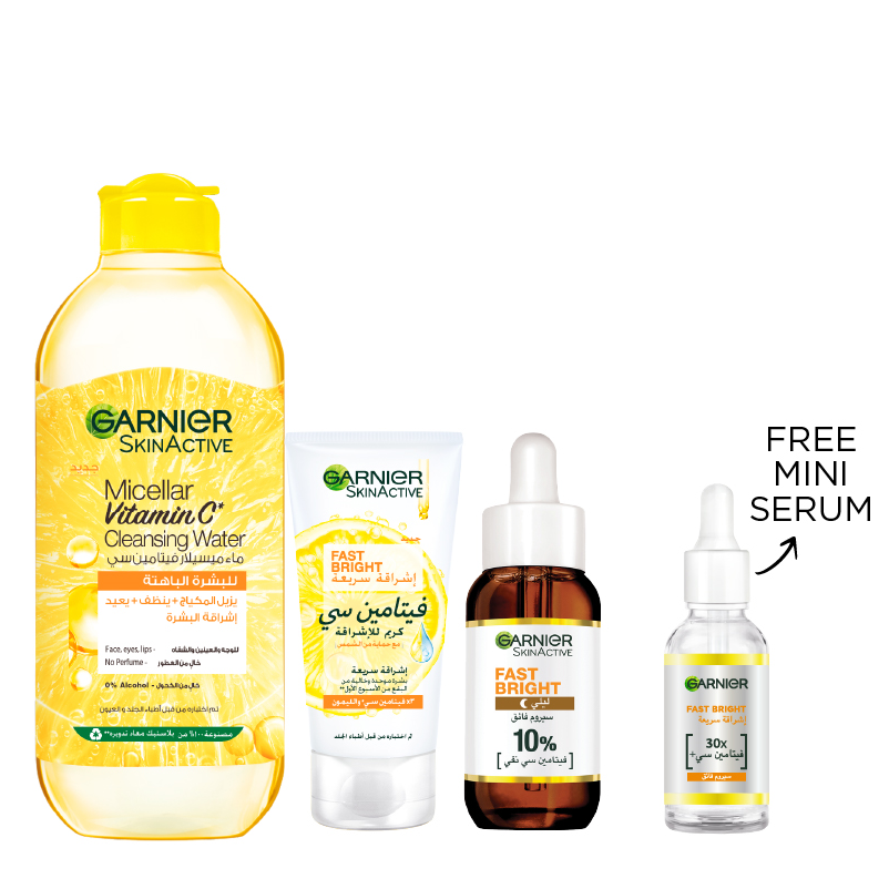 Garnier - Micellar Water Vitamin C, Fast Bright Day Cream, Night Serum & Mini Vitamin C Serum Bundle