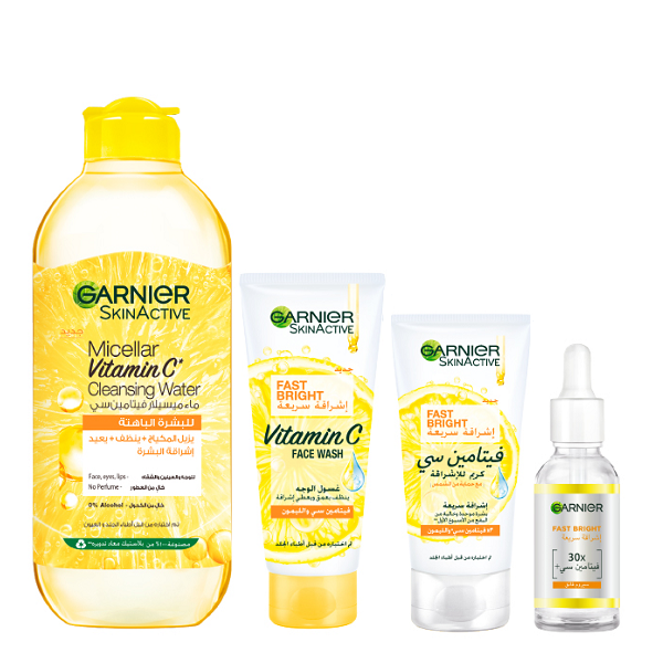Garnier - Micellar Water Vitamin C, Fast Bright Vit C Serum, Face Wash & Day Cream Bundle