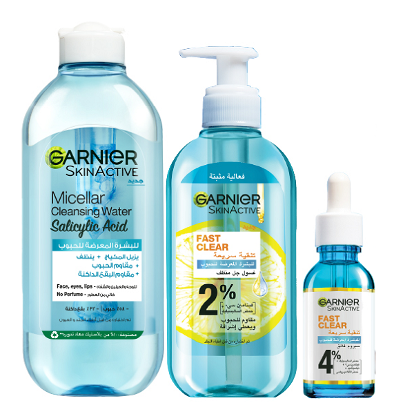 Garnier - SkinActive Fast Clear Cleansing Gel, Booster Serum & Micellar Cleansing Water Salicylic Acid Bundle