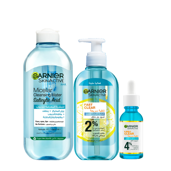 Garnier - SkinActive Fast Clear Cleansing Gel, Booster Serum & Micellar Cleansing Water Salicylic Acid Bundle