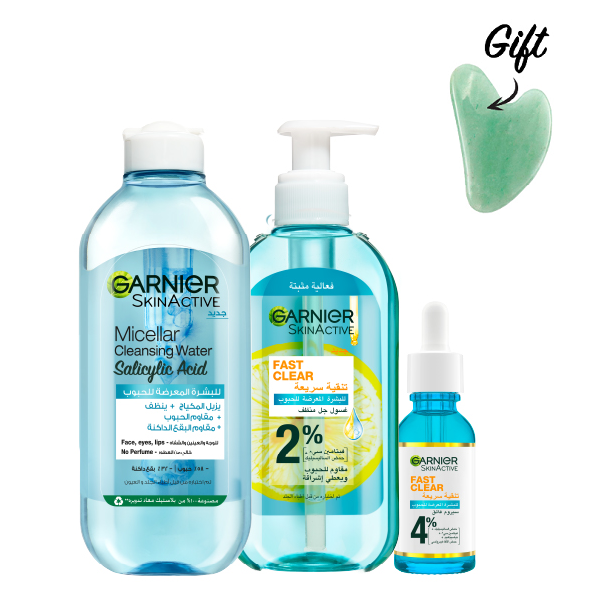 Garnier - SkinActive Fast Clear Cleansing Gel, Booster Serum & Micellar Cleansing Water Salicylic Acid Bundle