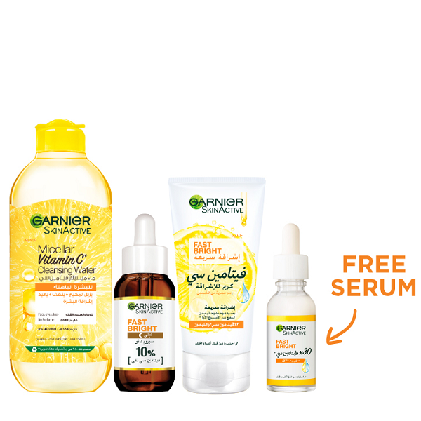 Garnier - SkinActive Micellar Vitamin C Cleansing Water, Fast Bright Night Serum, Day Cream & Vitamin C Serum Bundle