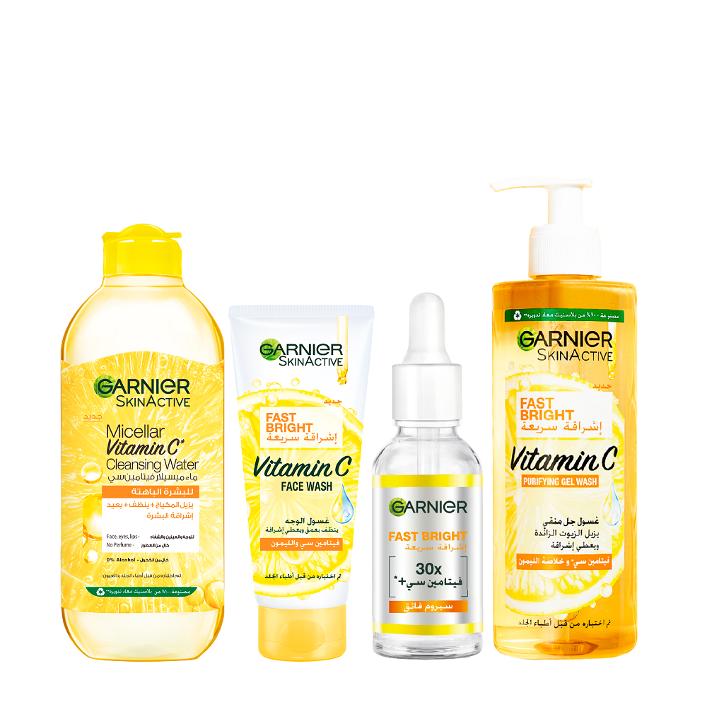 Garnier - Fast Bright Vitamin C Serum, Micellar Water, Day Cream & Purifying Gel Wash Bundle