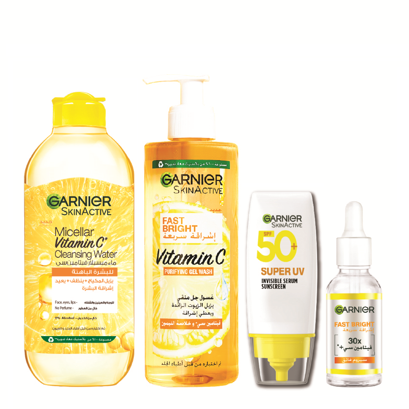 Garnier - Vitamin C Purifying Gel Wash, Super UV Serum Sunscreen, Vitamin C Micellar Water & Vitamin C Booster Serum Bundle