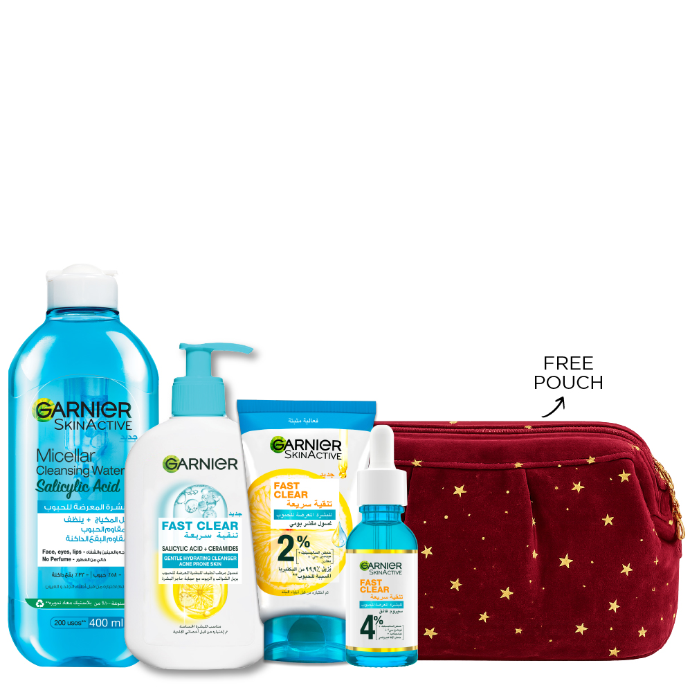 Garnier - Fast Clear Gentle Hydrating Cleanser, Booster Serum, Exfoliating Wash & Salicylic Acid Micellar Water Bundle