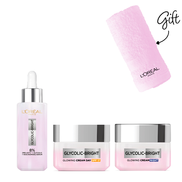 L'oreal Skin Expert - Glycolic Bright Glowing Serum, Night Cream & Day Cream SPF17 Bundle