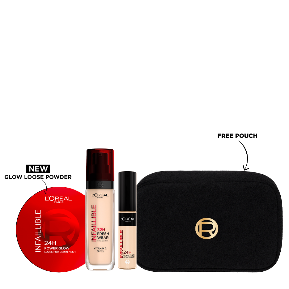 L'Oreal Paris - Infaillible Concealer, Power Glow Loose Powder & Fresh Wear Foundation Bundle