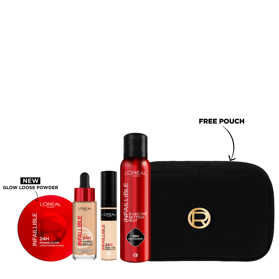 L'Oreal Paris - Infaillible Tinted Serum, Power Glow Loose Powder, Concealer & Setting Mist Bundle