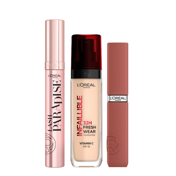 L'Oreal Paris - Lash Paradise Mascara, Infaillible Fresh Wear Foundation & Infaillible Matte Resist Lipstick Bundle