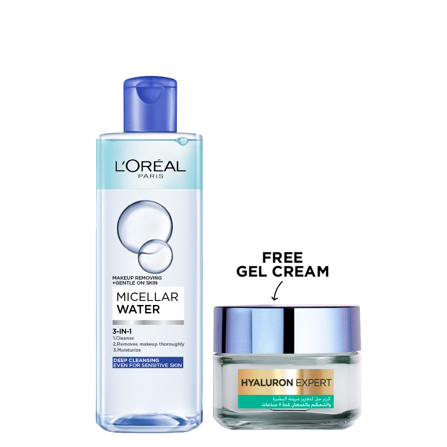 L'Oreal Skin Expert - Micellar Water 3 In 1 Deep Cleansing & FREE Hyaluron Expert Oil Gel Cream Bundle