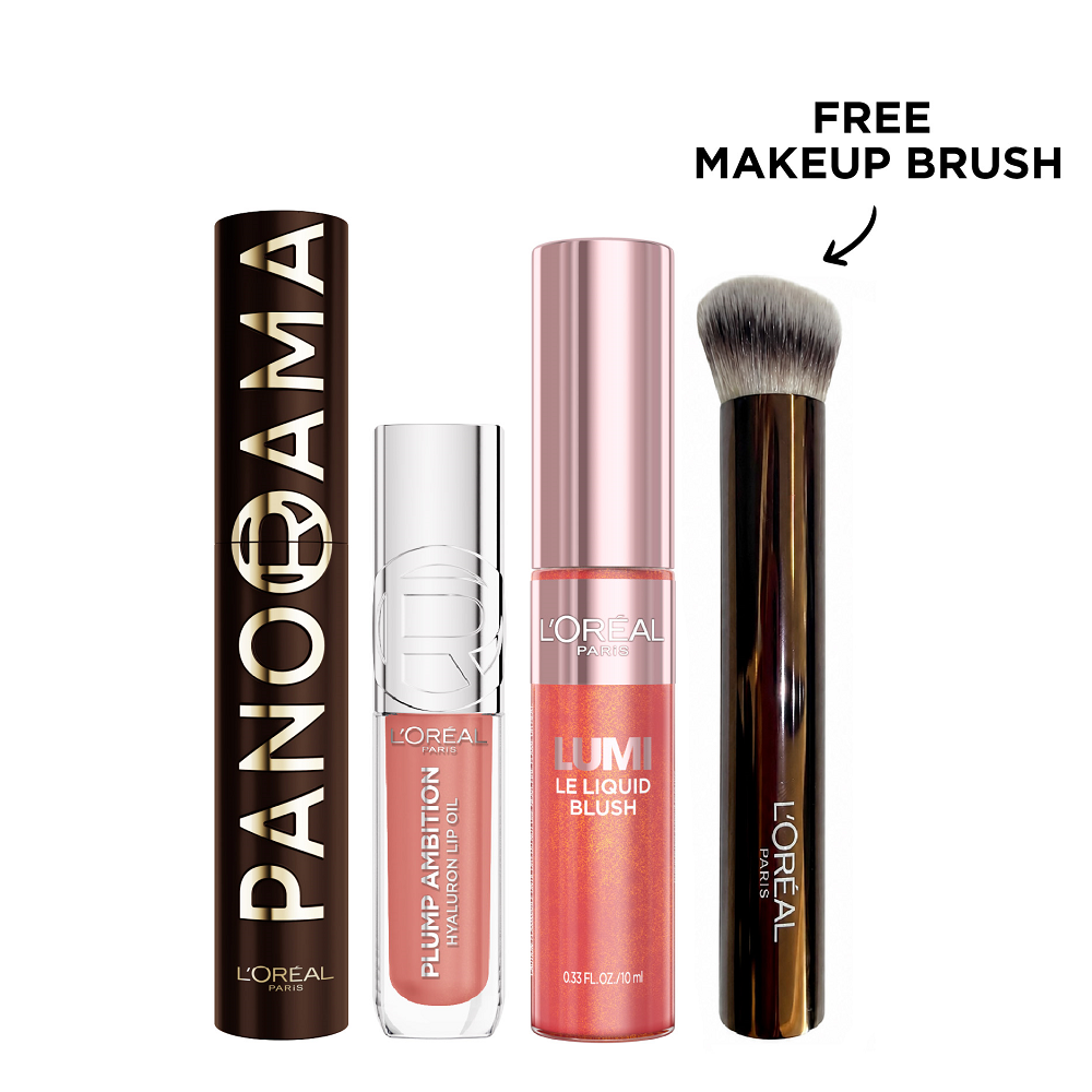 L'Oreal Paris - Panorama Mascara Brown Leather, Lumi Le Blush & Plump Ambition Lip Oil Bundle