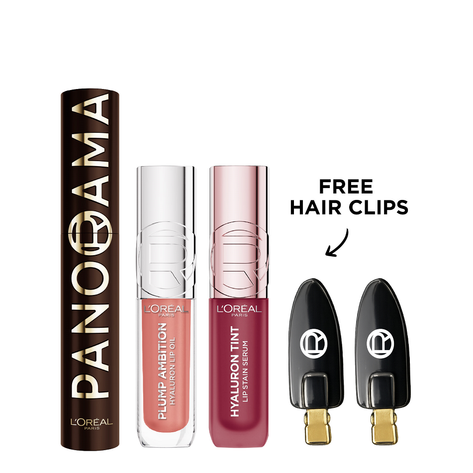 L'Oreal Paris - Panorama Mascara Brown Leather, Plump Ambition Lip Oil & Hyaluron Tint Lip Stain Serum Bundle