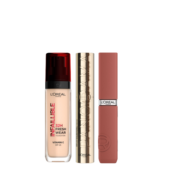 L'Oreal Paris - Panorama Mascara, Infaillible Matte Resistance Lipstick & 32H Fresh Wear Foundation Bundle