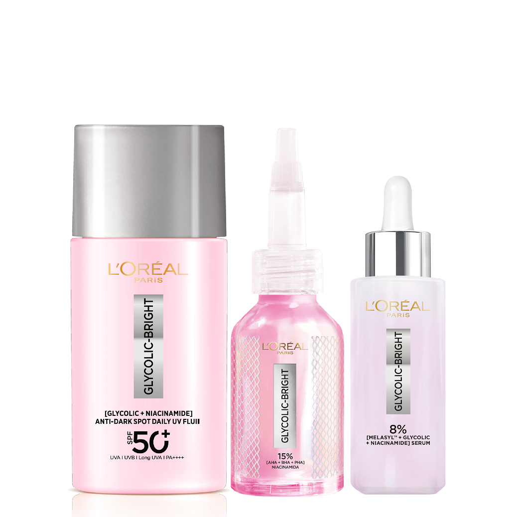 L'Oreal Skin Expert - Glycolic Bright Exfoliant Peel, Glowing Serum & Daily Fluid SPF50+ Bundle