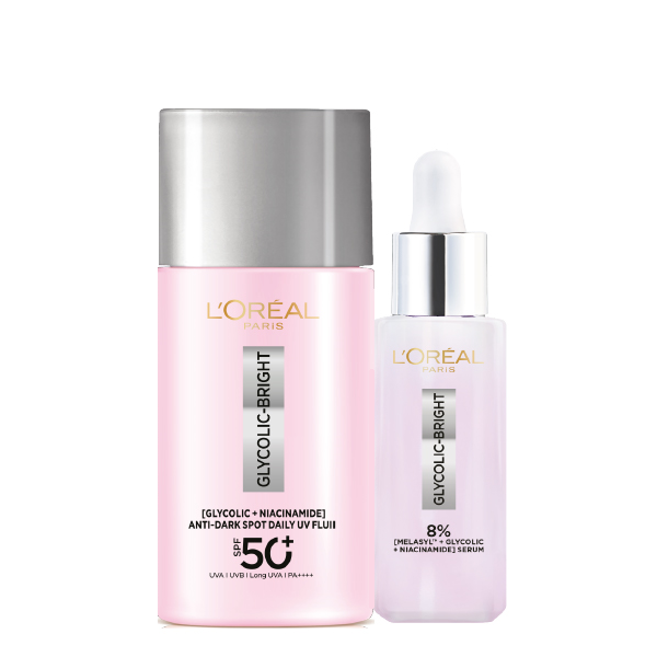 L'Oreal Skin Expert - Glycolic Bright Anti Dark Spot Daily UV Fluid SPF50+ & Brightening Serum Bundle