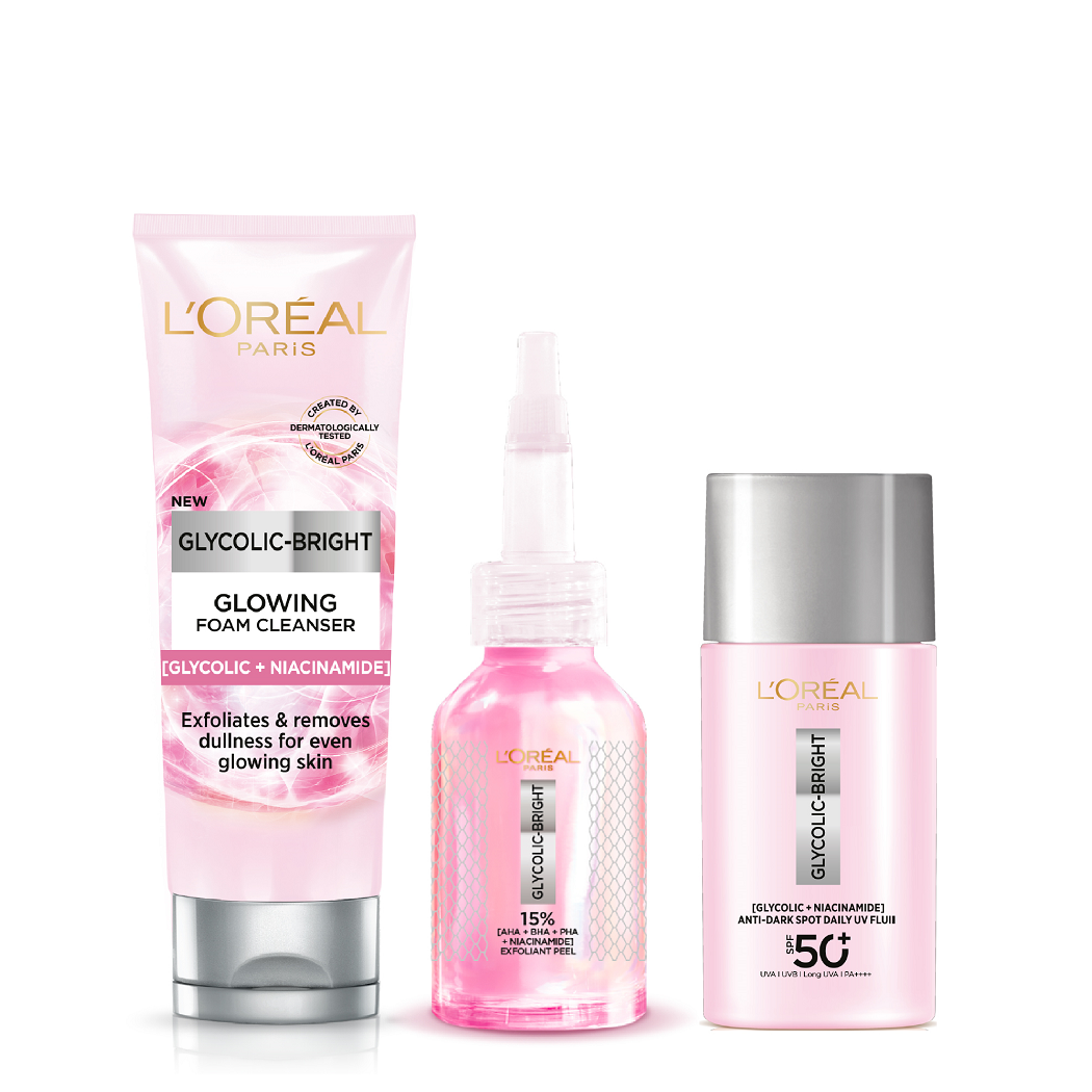 L'Oreal Skin Expert - Glycolic Bright UV Fluid SPF50+, Cleanser Foam & Exfoliant Peel Bundle