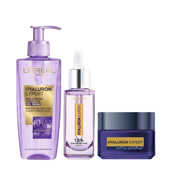 L'Oreal Skin Expert - Hyaluron Expert Gel Wash, Face Serum & Night Cream Bundle