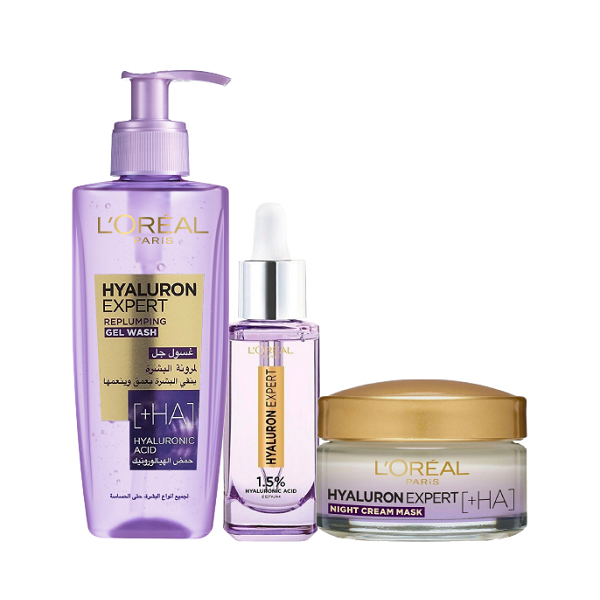 L'Oreal Skin Expert - Hyaluron Expert Gel Wash, Night Cream Mask & Face Serum Bundle