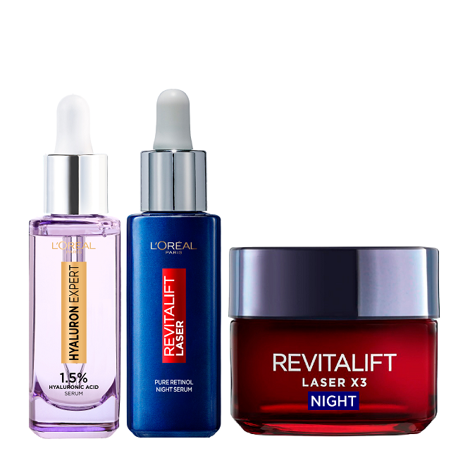 L'Oreal Skin Expert - Revitalift Laser Pure Retinol Night Serum, Laser Night Cream & Hyaluron Expert Serum Bundle