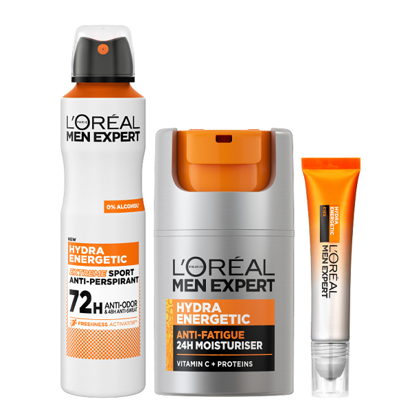 L'Oreal Men Expert - Hydra Energetic Moisturiser, Eye Roll On & Extreme Sport Deodorant Spray Bundle
