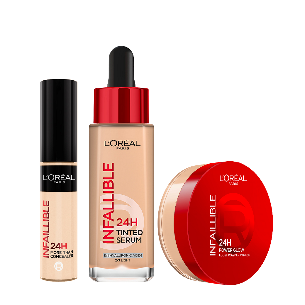 L'Oreal Paris - Infaillible Tinted Serum, Power Glow Loose Powder, Concealer & Setting Mist Bundle