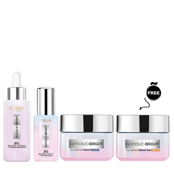 L'Oreal Skin Expert - Glycolic Bright Day Cream, Night Cream, Eye Serum & Face Serum Bundle