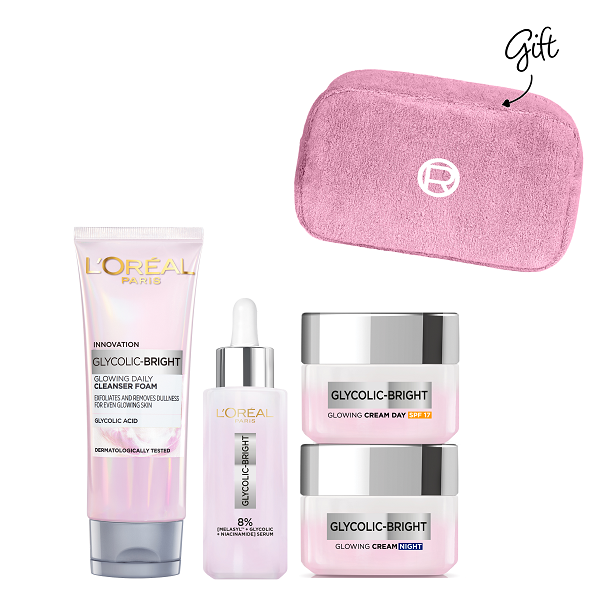 L'Oreal Skin Expert - Glycolic Bright Foam, Glowing Serum, Day Cream & Night Cream Bundle