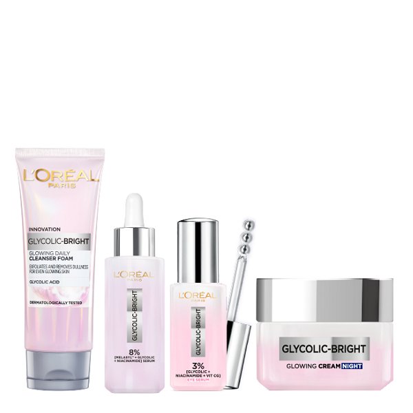 L'Oreal Skin Expert - Glycolic Bright Foam, Glowing Serum, Eye Serum & Night Cream Bundle