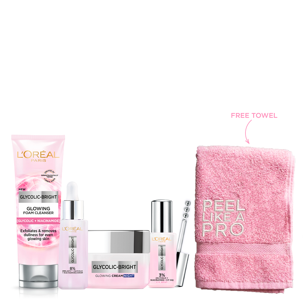 L'Oreal Skin Expert - Glycolic Bright Foam, Glowing Serum, Eye Serum & Night Cream Bundle