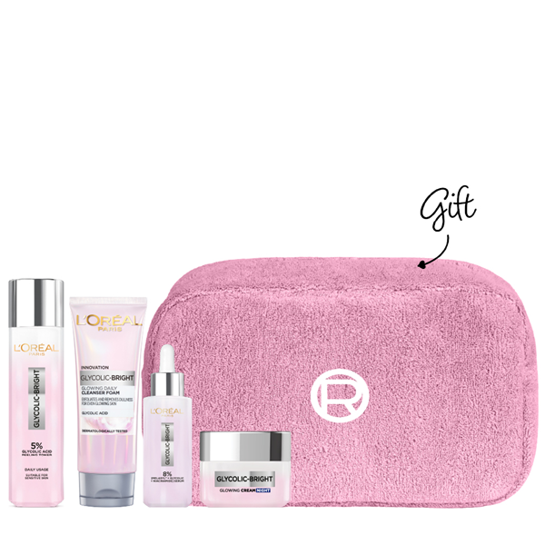 L'oreal Skin Expert - Glycolic Bright Cleanser Foam, Glowing Serum, Peeling Toner & Day Cream Bundle