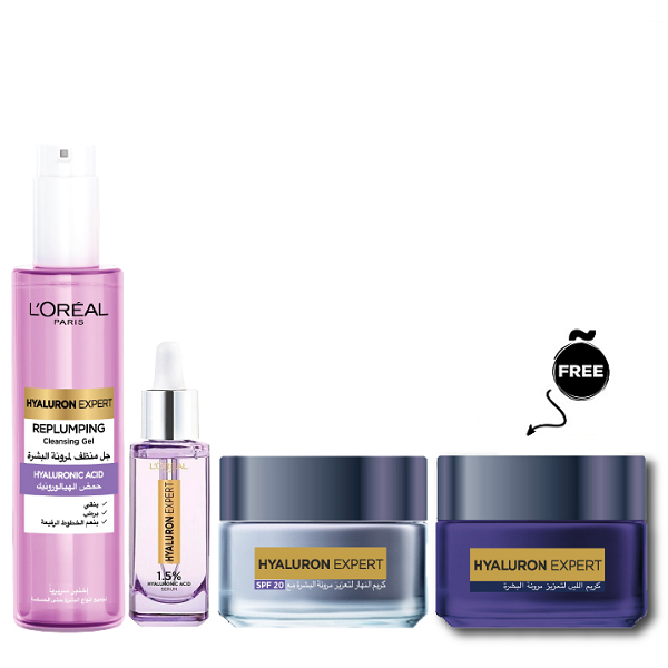 L'Oreal Skin Expert - Hyaluron Expert Replumping Gel Wash, Face Serum, Night Cream & Day Cream Bundle