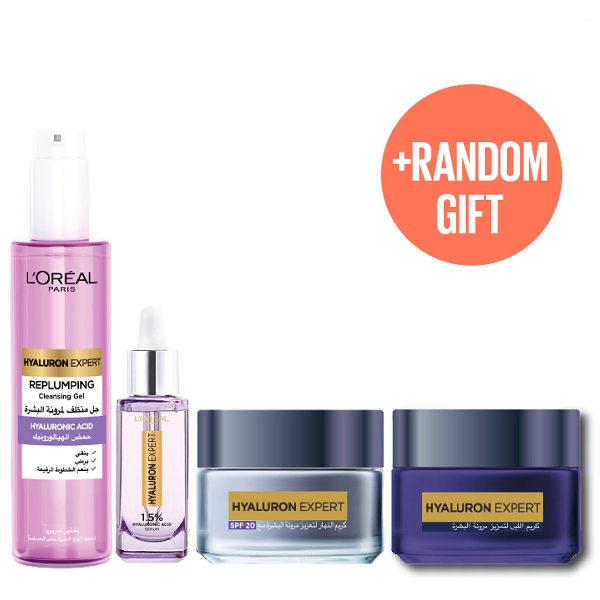 L'Oreal Skin Expert - Hyaluron Expert Replumping Gel Wash, Face Serum, Night Cream & Day Cream Bundle
