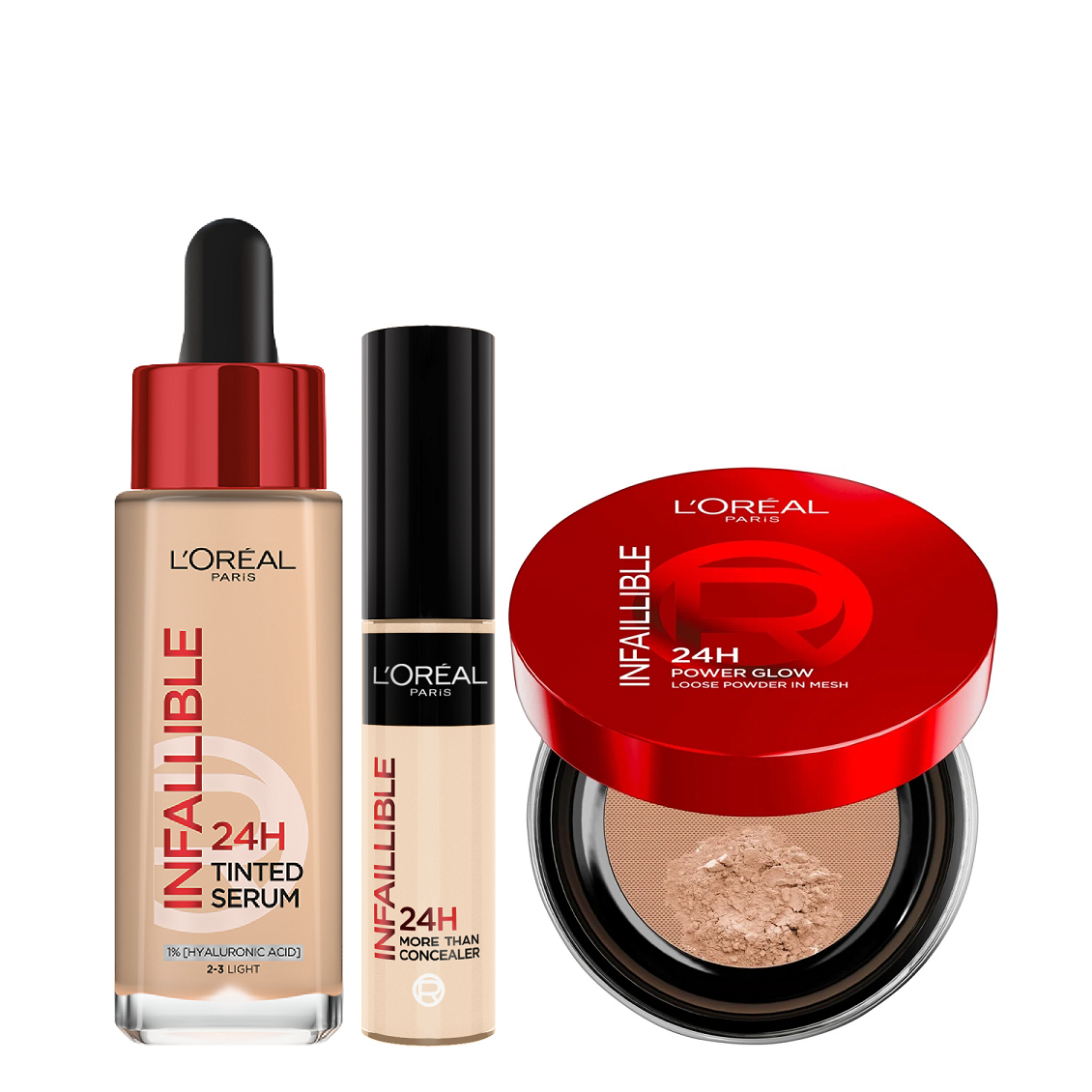L'oreal Paris - Infaillible 24H Power Glow Loose Powder, Infaillible Tinted Serum & Infaillible Concealer Bundle