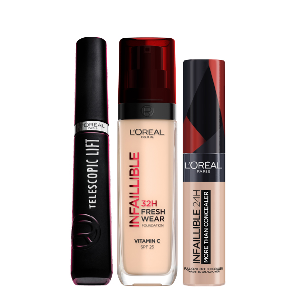 L'oreal Paris - Infaillible Liquid Foundation, Infaillible More Than Concealer & Telescopic Mascara Bundle