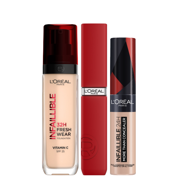 L'oreal Paris - Infaillible Liquid Foundation,  Matte Resistance Liquid Lipstick & More Than Concealer Bundle