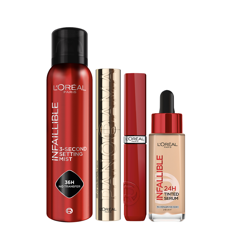 L'oreal Paris - Panorama Mascara, Infaillible Tinted Serum, Infaillible Laque Resistance Lipstick & Setting Mist Bundle