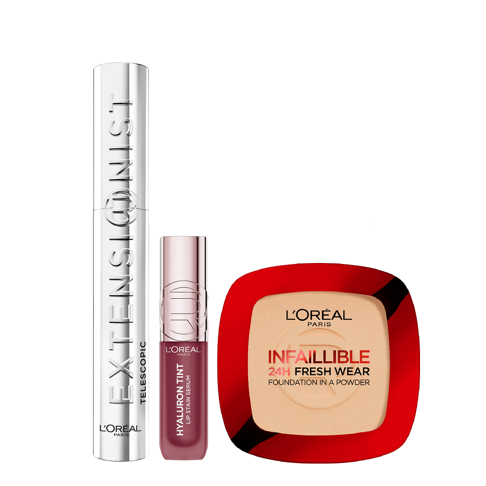 L'oreal Paris - Telescopic Extentionist Mascara, Hyaluron Tint Lip Stain Serum & Infaillible Foundation In A Powder Bundle