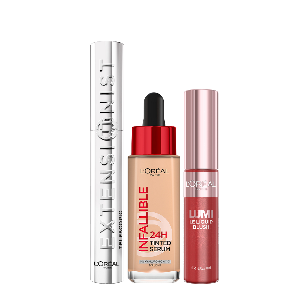 L'oreal Paris - Telescopic Extentionist Mascara, Infaillible Tinted Serum & Lumi Le Liquid Blush Bundle